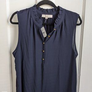 Loft Ruffle Neck Mixed Media Shell in Navy - size L